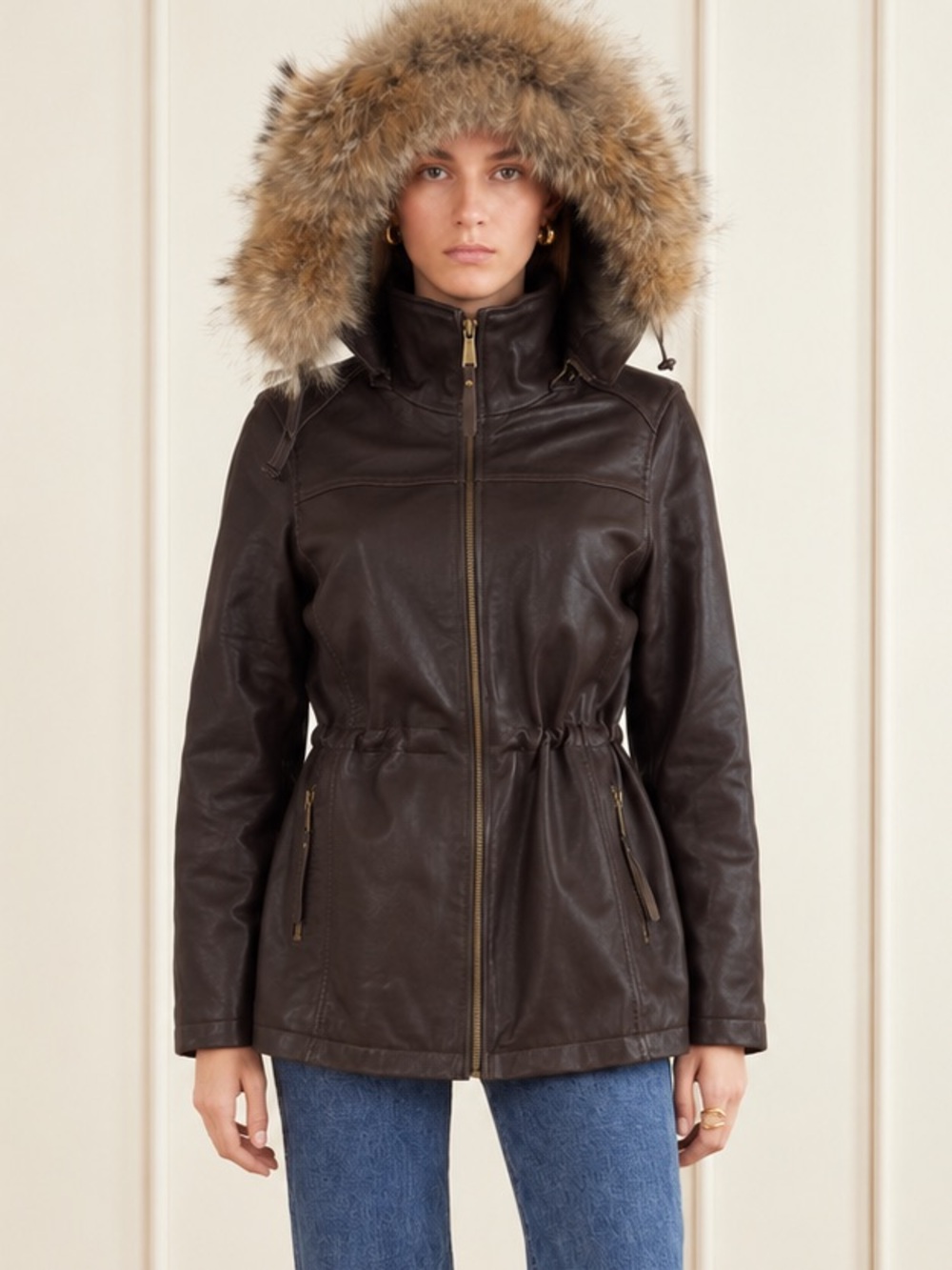 MICHAEL Michael Kors Leather Coyote Fur Removable Hood Jacket M